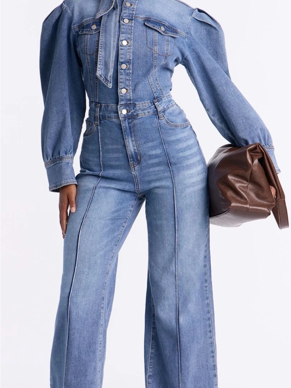 Fashion Nova Light Blue High-Waist Wide-Leg Denim Jumpsuit with Puff Sleeves